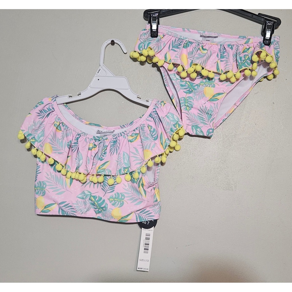 🦩Nicole Miller New York Girls Tropical Lemon Pom Pom Bikini Swimsuit Size 12🐳